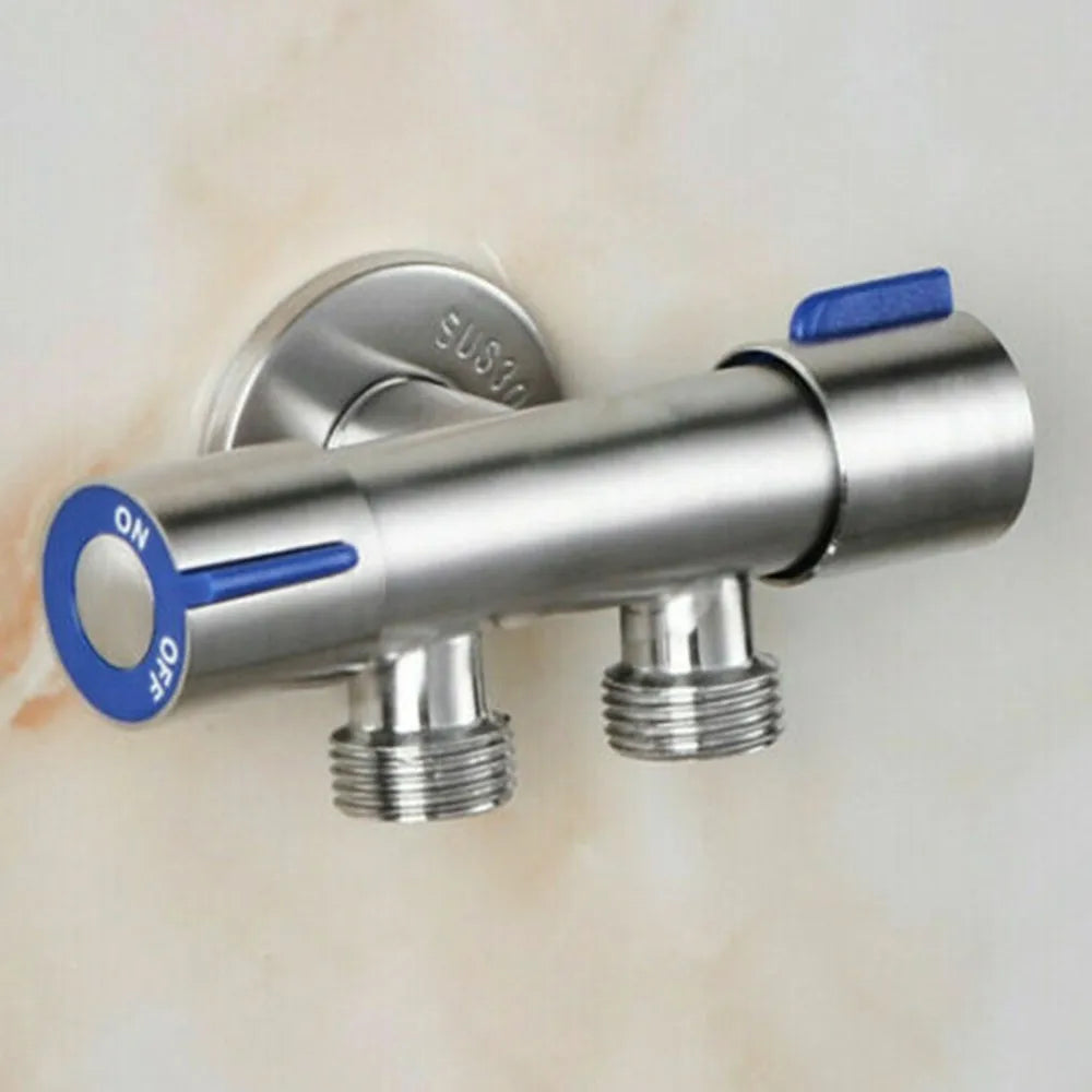 Double outlet stainless steel deck-mount faucet with double handles, brushed finish, for washing machine and bathroom use.