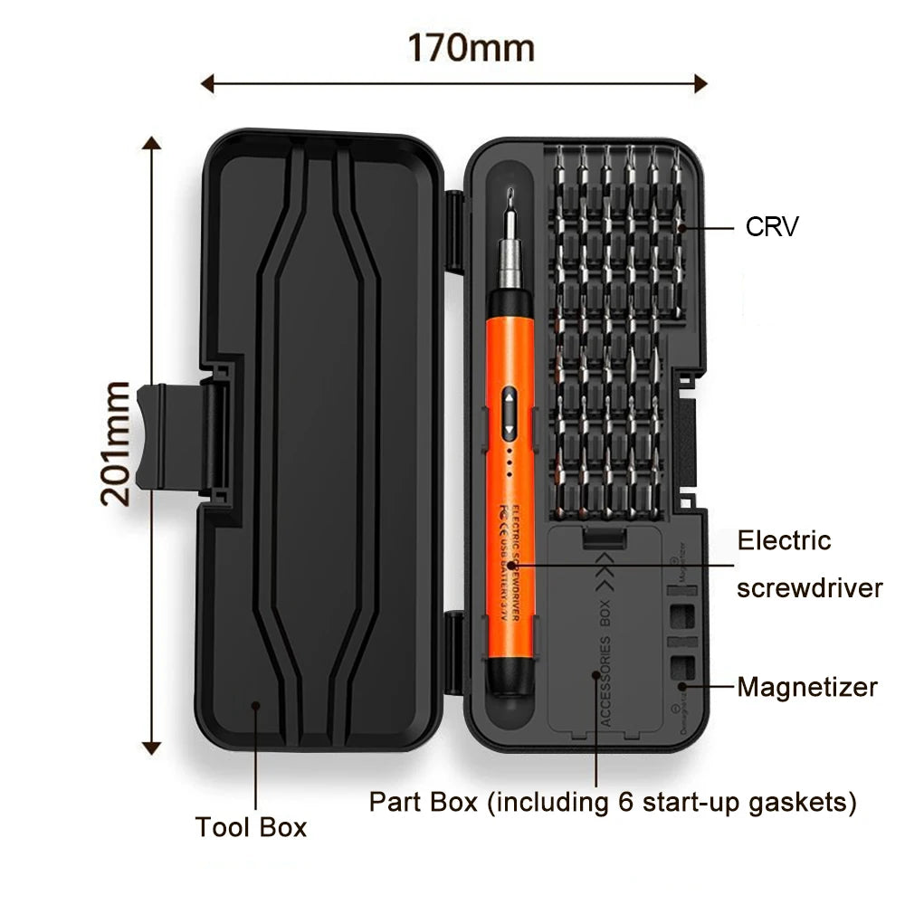 FanzyMarket 38-piece electric screwdriver set with rechargeable wireless design, CR-V bits, and magnetic tips for phone and laptop repair.