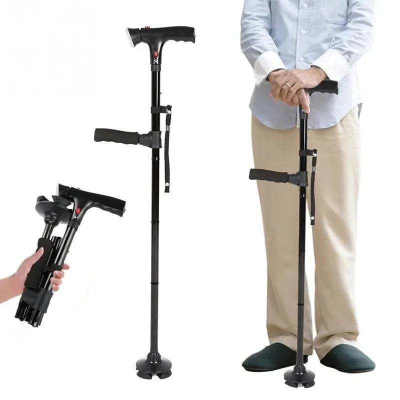 Black collapsible telescopic walking cane with LED light, alarm, adjustable T-handle, and four-point quad base for seniors.