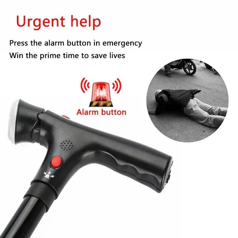 FanzyMarket collapsible telescopic walking cane with LED light, alarm, adjustable 4-point quad base, T-handle for seniors.
