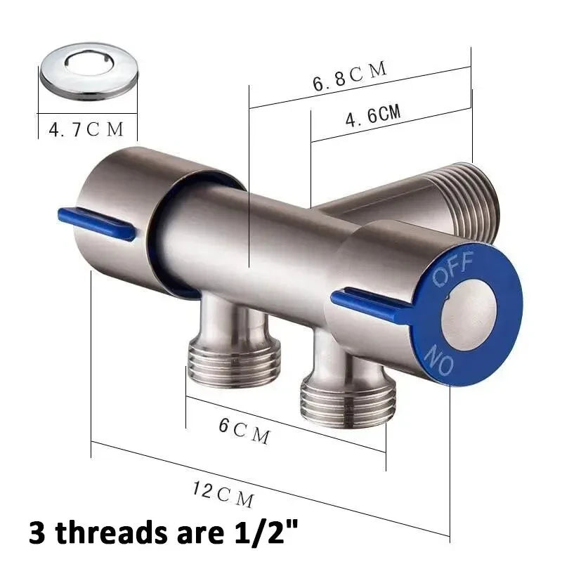 FanzyMarket stainless steel cold water angle valve with 1-in-2-out double outlet for toilet and washing machine connection.