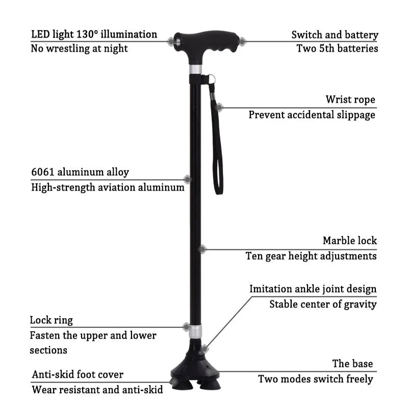 FanzyMarket adjustable aluminum walking cane with LED light, non-slip T-handle, retractable, 28-37 inches, ideal for seniors.