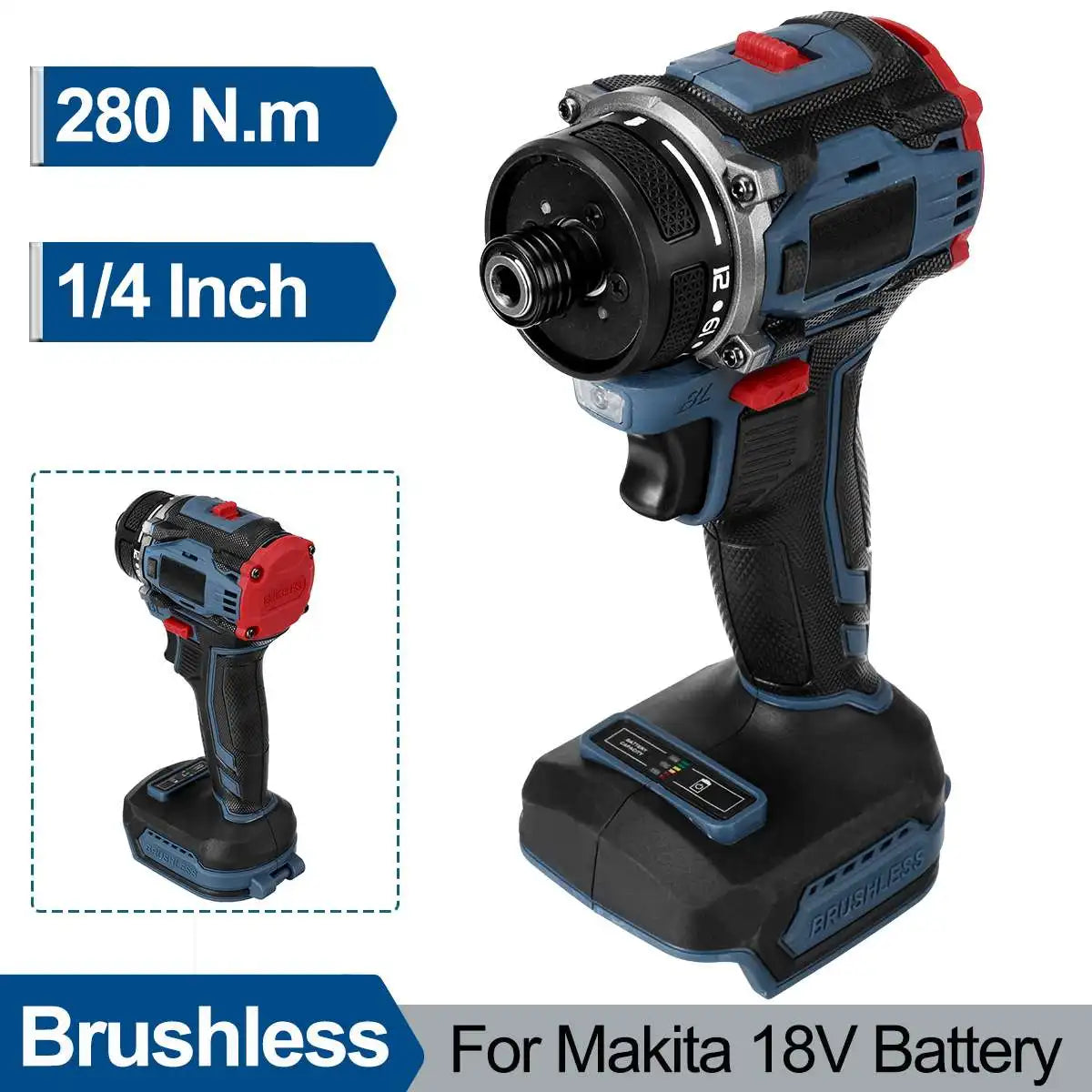 FanzyMarket cordless brushless electric screwdriver with 1/4 inch bit, two-speed gear, 0-4000 RPM, 18V battery for DIY repair.