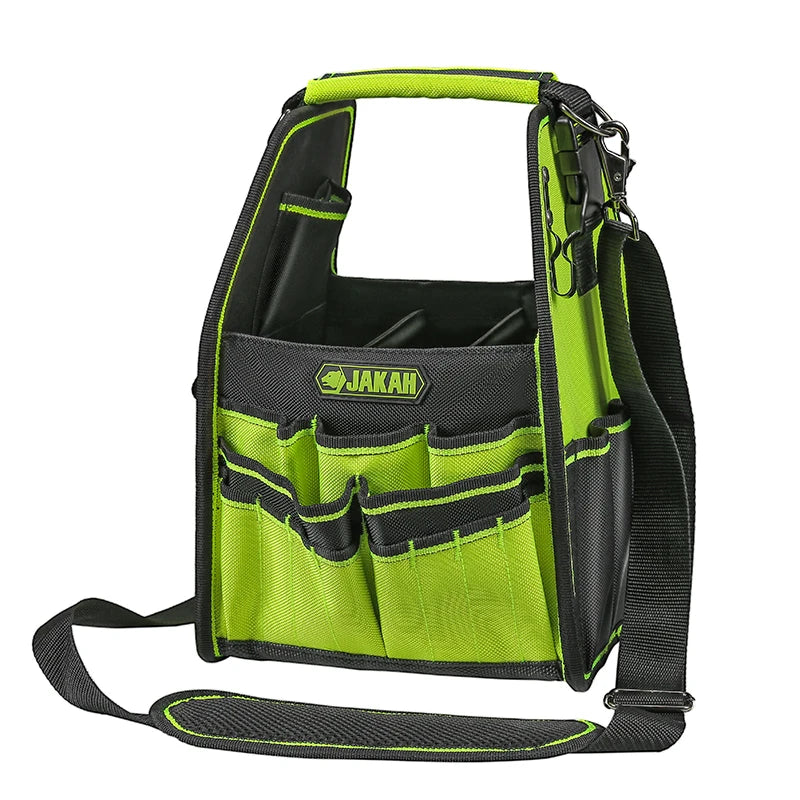 FanzyMarket open-top tool tote bag with adjustable straps and waterproof base, heavy-duty tool organizer for repair and DIY projects.