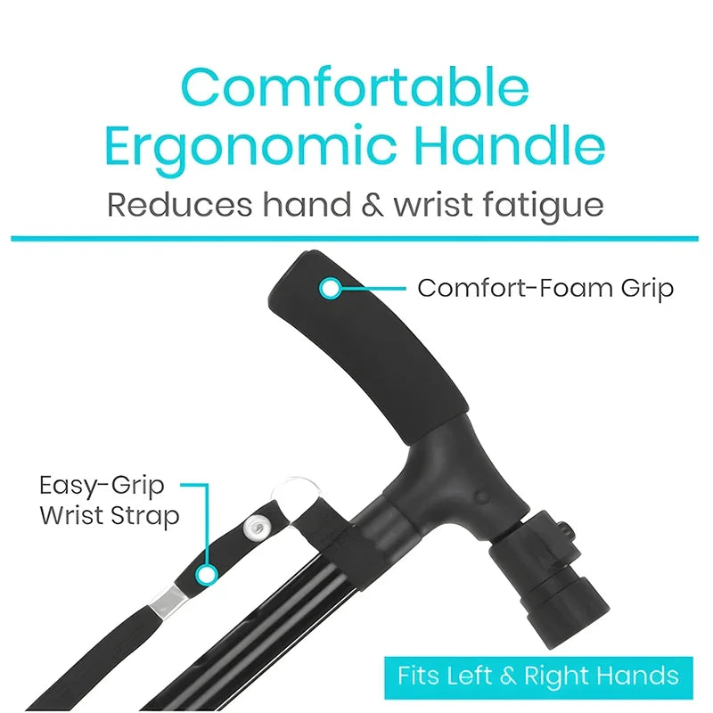 FanzyMarket adjustable folding LED walking cane with lightweight aluminum frame, anti-slip quad tip, 32.3-37 inches, 250 lb capacity.