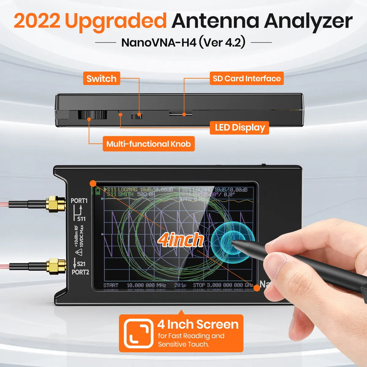 FanzyMarket handheld vector network analyzer 4-inch antenna analyzer with SD card slot, covering 10 kHz to 1.5 GHz.