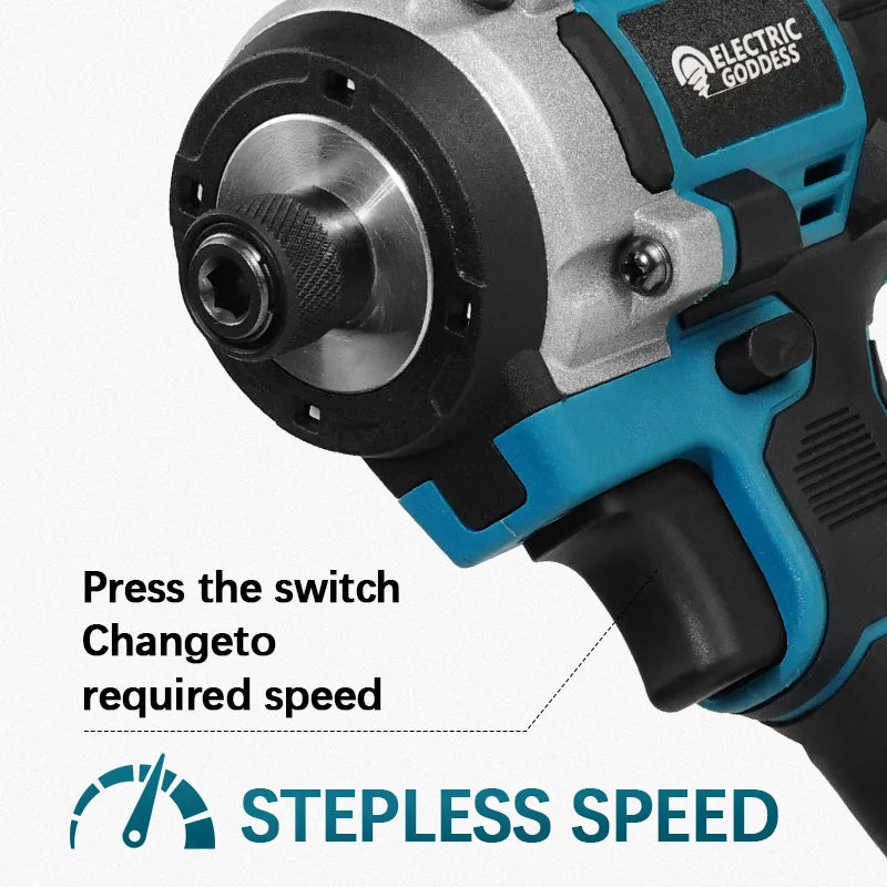 FanzyMarket brushless cordless impact screwdriver with 18V rechargeable battery, versatile power tool for repair and DIY projects.