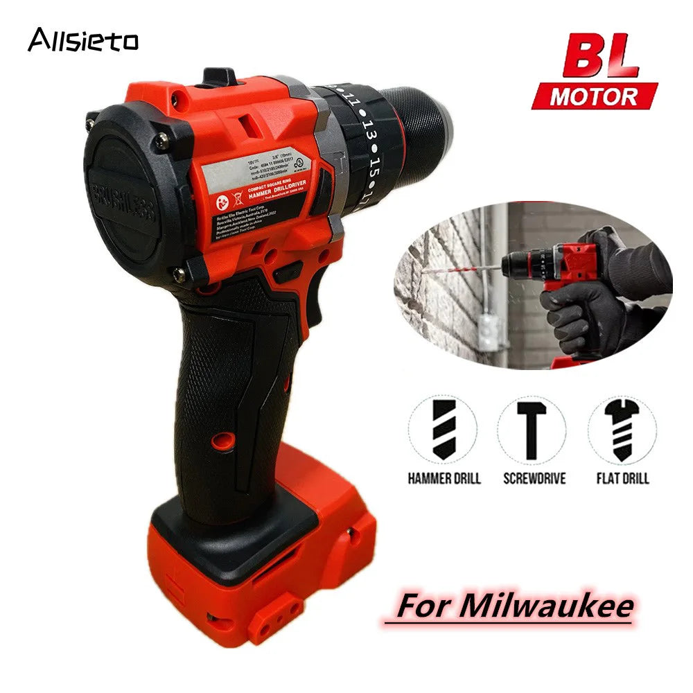 FanzyMarket brushless cordless 18V impact drill driver with Milwaukee battery compatibility, 3-mode hammer drill and screwdriver.
