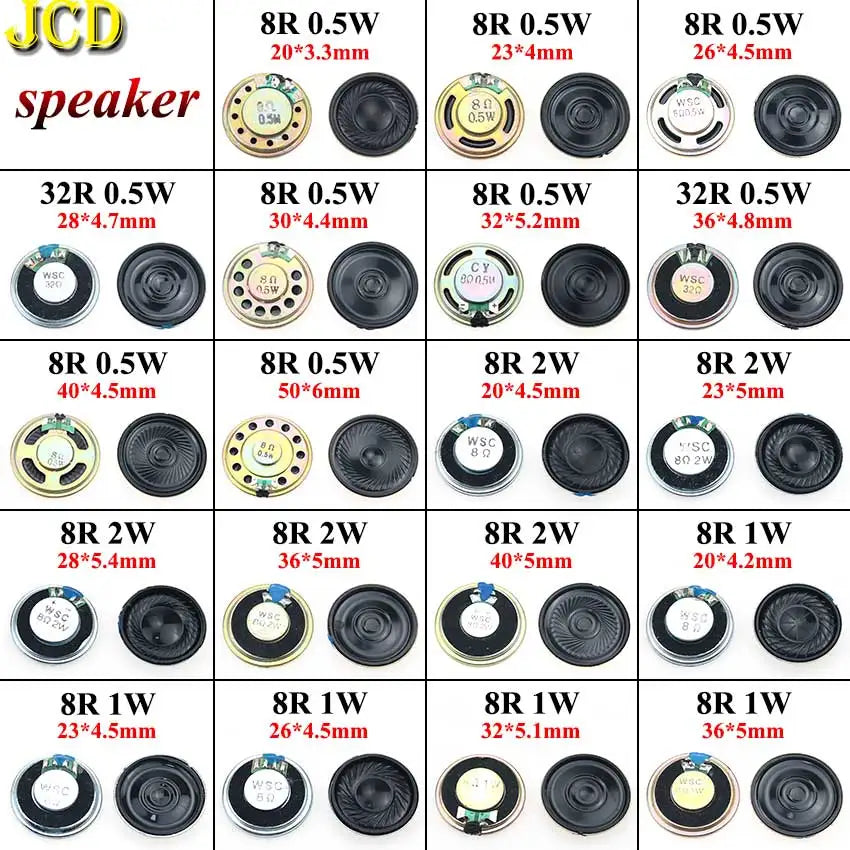 FanzyMarket 2-pack ultra-thin mini speakers with 8Ω & 32Ω impedance, various diameters, MX/XH terminals, ideal for electronics projects.