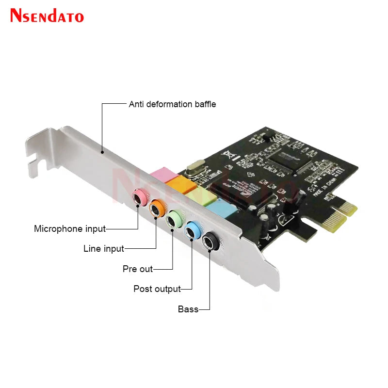 FanzyMarket PCIe 5.1 channel 3D audio sound card with 6 channels and solid capacitors, designed for enhanced PC audio performance.