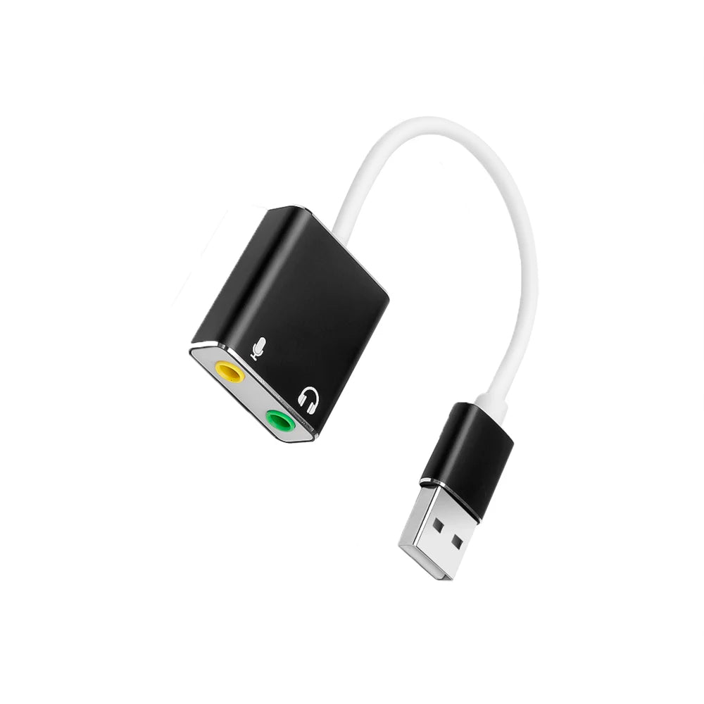 FanzyMarket external USB sound card adapter with 3.5mm headphone and mic ports, virtual 7.1 surround sound, plug and play.