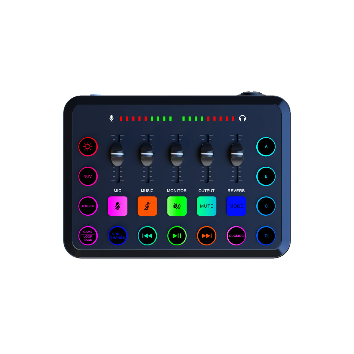 FanzyMarket 5-channel live sound card mixer for streaming, podcasting, and gaming, shown in white with knobs and input ports.