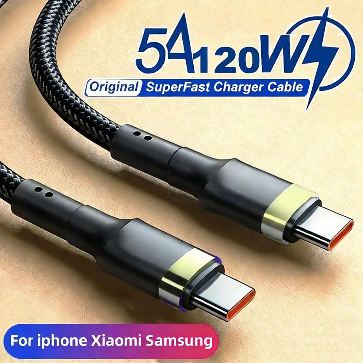 FanzyMarket 120W USB-C to USB-C PD fast charging cable, 5A high-speed power delivery for iPhone, Samsung, Xiaomi, and USB-C devices.