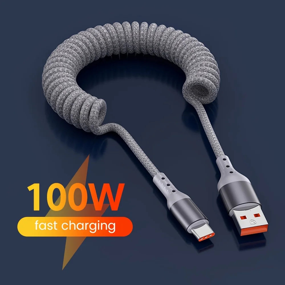 FanzyMarket 100W USB-C coiled car charging cable with fast PD charging and 60W data sync, USB 3.1 Type-C connector.