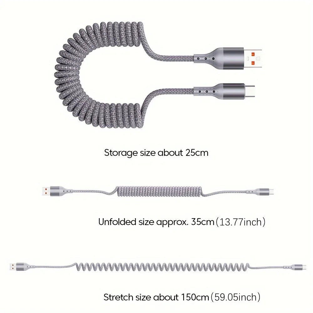 FanzyMarket 100W USB-C coiled car charging cable with fast PD charging and 60W data sync, USB 3.1 Type-C for electronic devices.