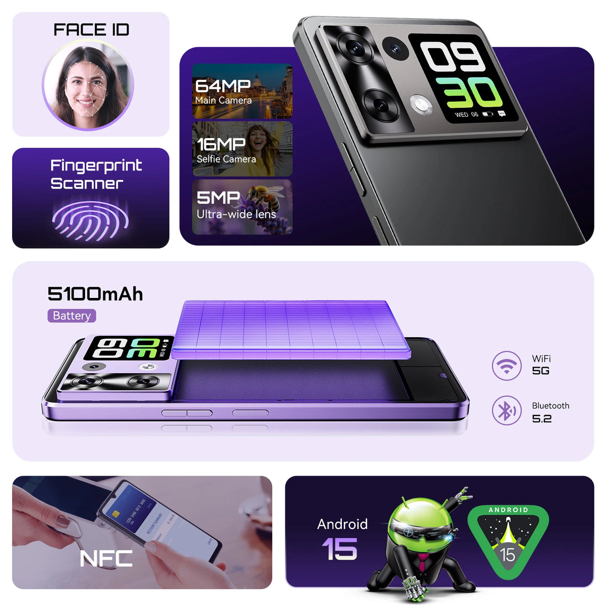 FanzyMarket Android 15 dual-screen smartphone with 6.88-inch display, 24GB RAM, 256GB ROM, 64MP camera, and 5100mAh battery