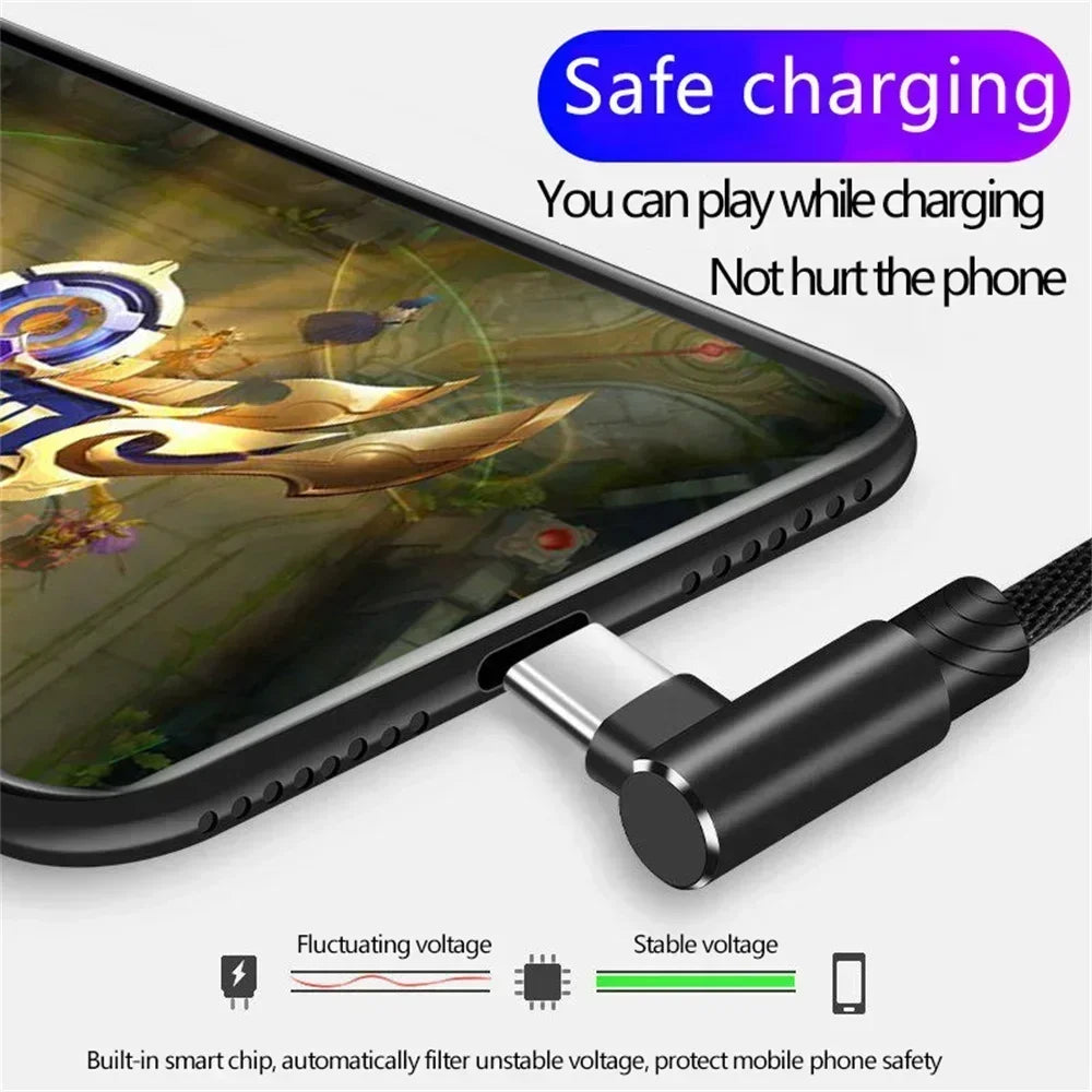 FanzyMarket 40W USB-A to USB-C braided fast charging cable with 90-degree elbow for iPhone, Samsung, Xiaomi, Huawei electronics.