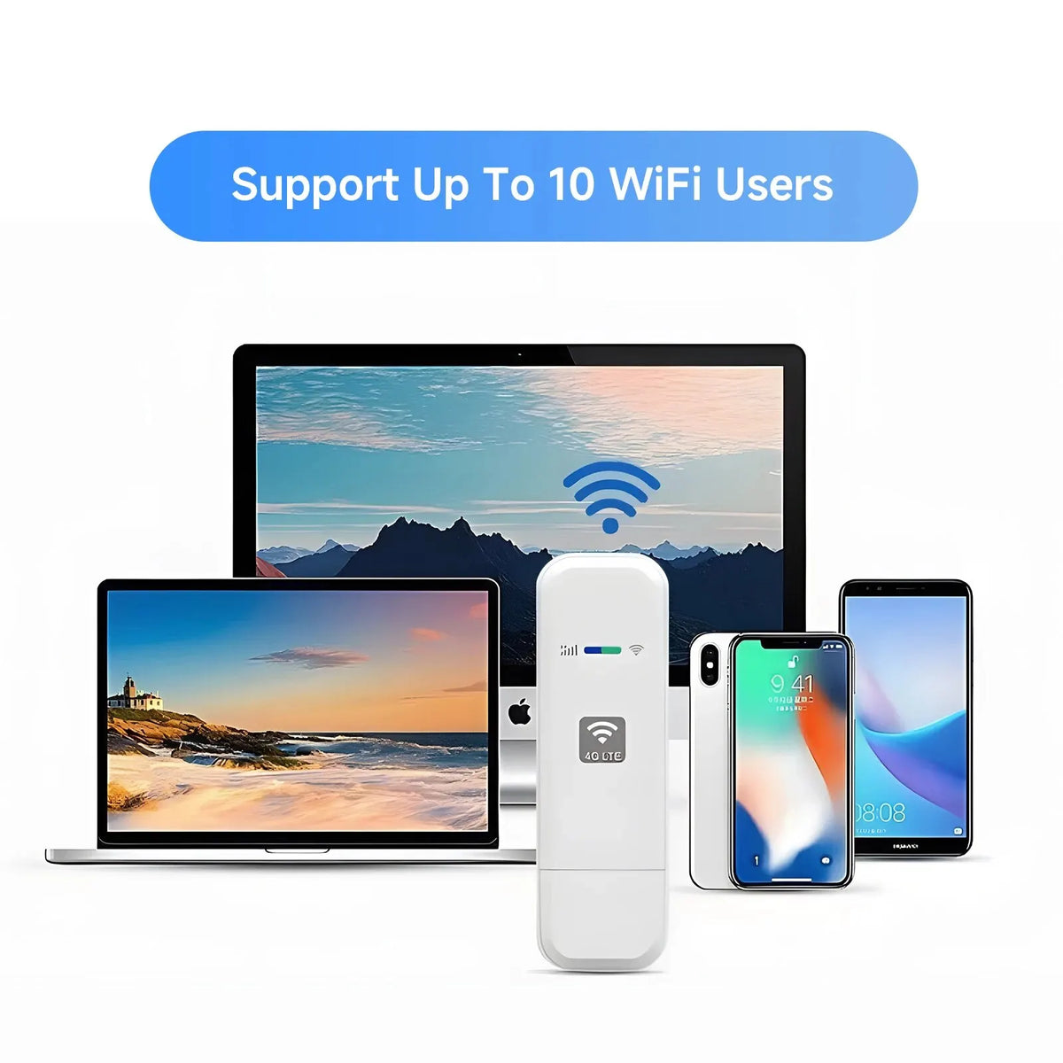 FanzyMarket portable 4G LTE USB dongle WiFi hotspot showing SIM card slot and indicator lights for Europe, Korea, and Russia.