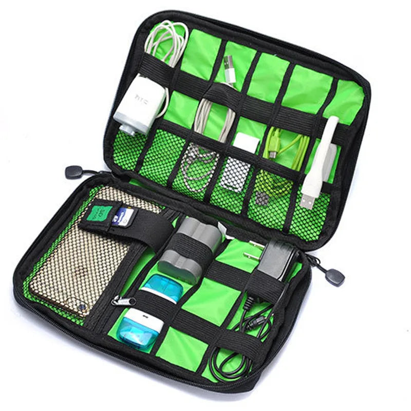 FanzyMarket waterproof nylon cable organizer bag with multiple compartments for USB drives, chargers, and power banks during travel.