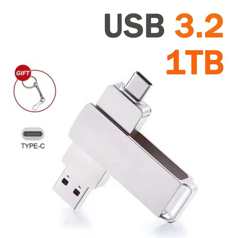 FanzyMarket 16TB USB 3.2 flash drive with USB-C and USB-A ports, waterproof high-speed OTG pendrive for electronic storage.