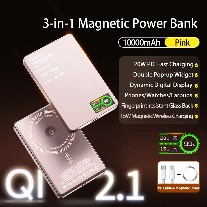 FanzyMarket 3-in-1 Magnetic Qi wireless power bank with 10000mAh, USB-C 20W PD, and magnetic charging for phones, smartwatch, earbuds.