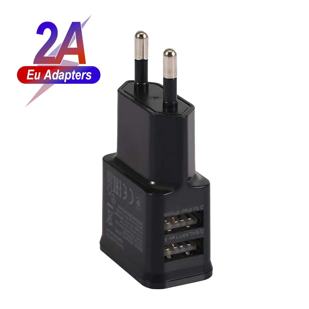 FanzyMarket universal 5V 2A USB AC adapter charger with EU, US, UK plugs, black power supply for electronics and devices.