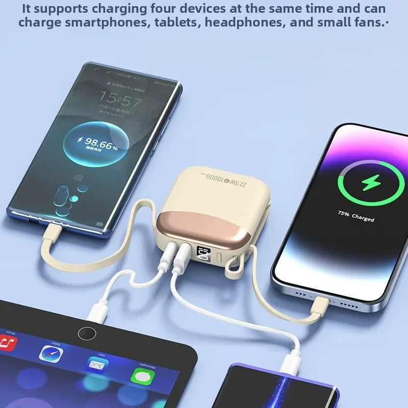 FanzyMarket 10000mAh 65W portable power bank with built-in USB-C cable for fast charging iPhone, Xiaomi, Huawei, Samsung devices.