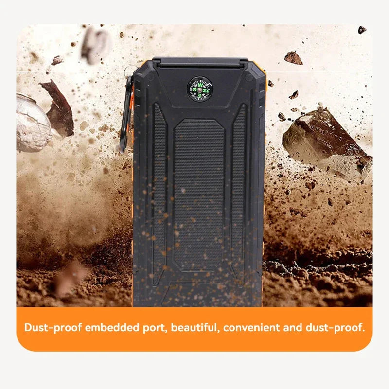 FanzyMarket 200,000mAh solar power bank with USB-C, USB-A, 120W fast charge, solar panel, and built-in flashlight.