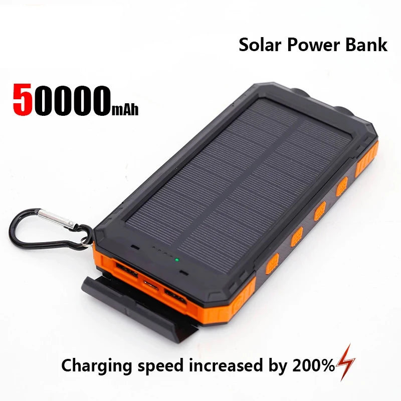 FanzyMarket 200,000mAh solar power bank with USB-C, USB-A, solar panel, flashlight, and 120W fast charging for portable power.
