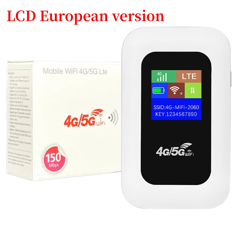 FanzyMarket 4G LTE Pocket WiFi Router with LCD, SIM slot, 150Mbps, 2100mAh battery, portable hotspot for travel and home use.