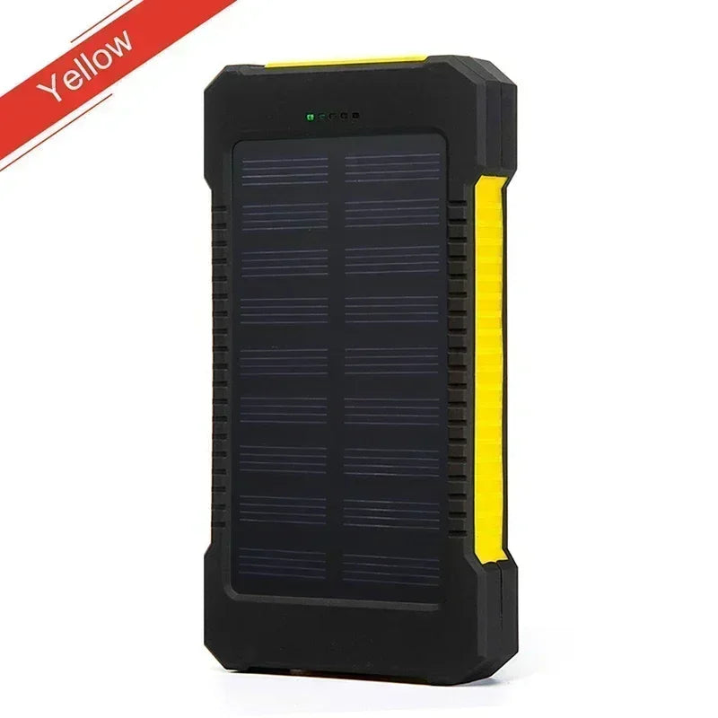 FanzyMarket 100000mAh solar power bank with USB-C, waterproof design, SOS flashlight, LED lamp, and 100W portable charger.