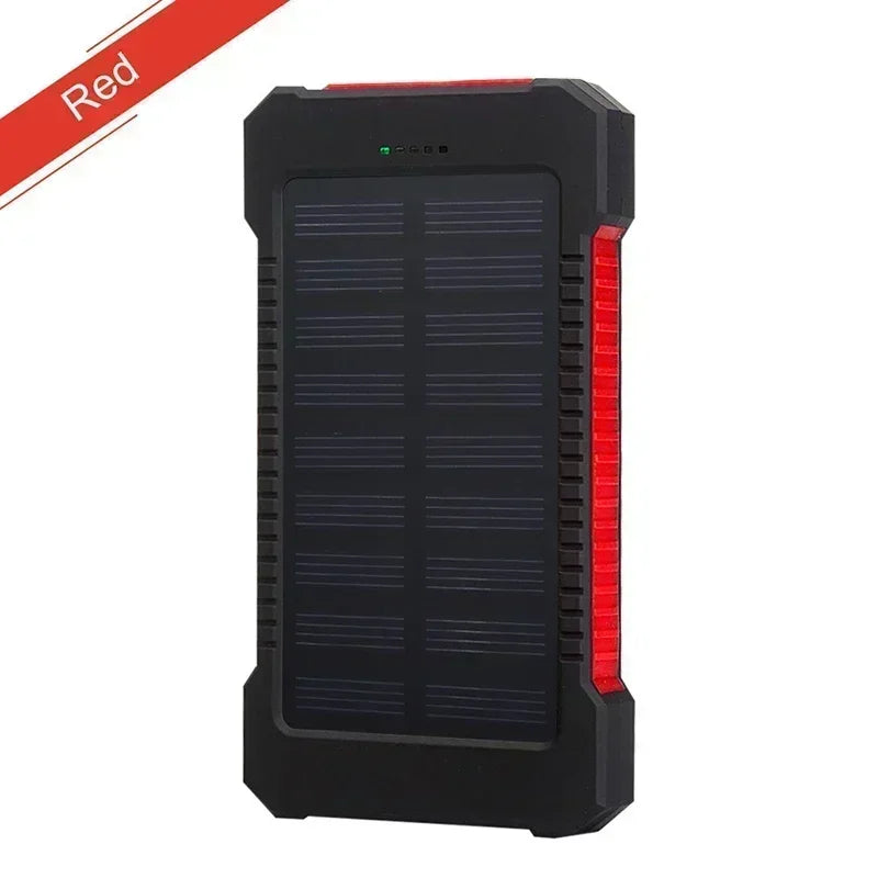 FanzyMarket 100,000mAh solar power bank with USB-C, waterproof design, SOS flashlight, and LED lamp for portable charging.