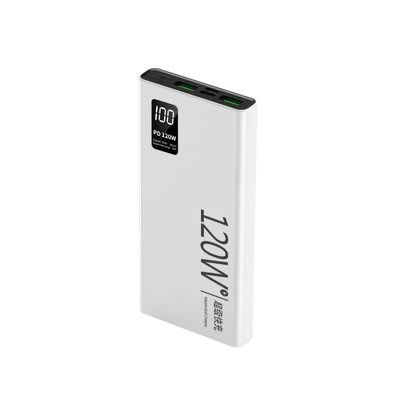 FanzyMarket 120W 50000mAh portable power bank with fast charging for iOS and Android smartphones, compact external battery pack.