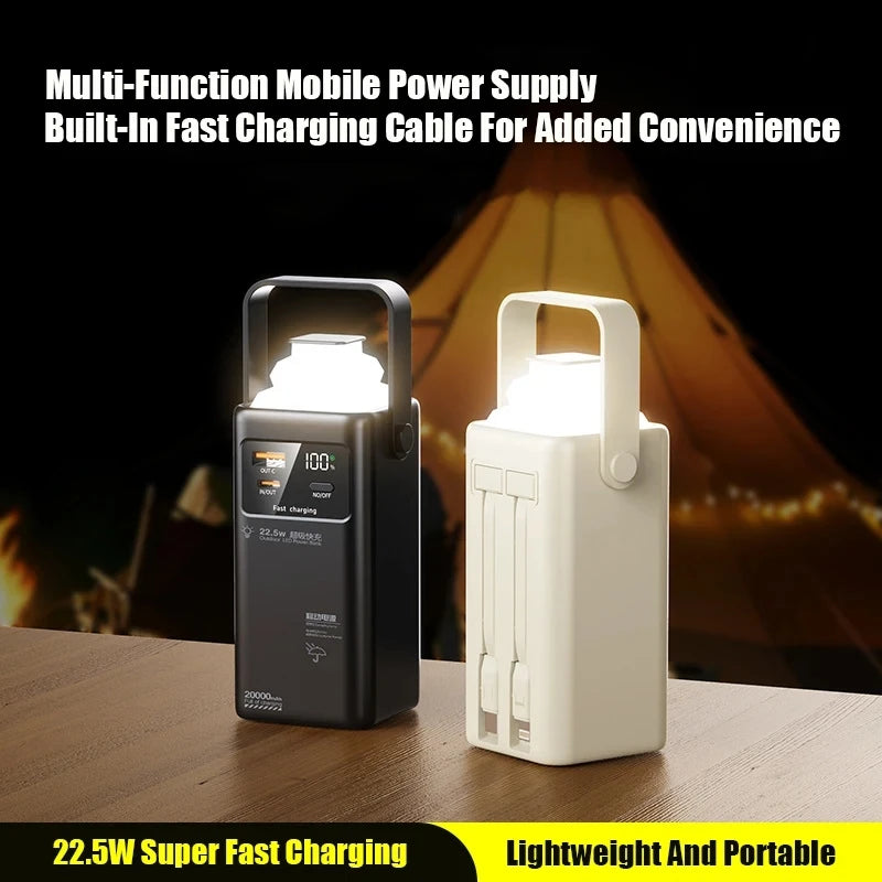 FanzyMarket 80,000mAh portable power bank with built-in cables, foldable flashlight, and 120W max output for iPhone and Samsung.