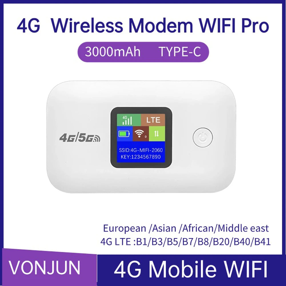 FanzyMarket 4G LTE portable WiFi router with SIM slot, 150Mbps speed, and 3000mAh battery for mobile hotspot connectivity.