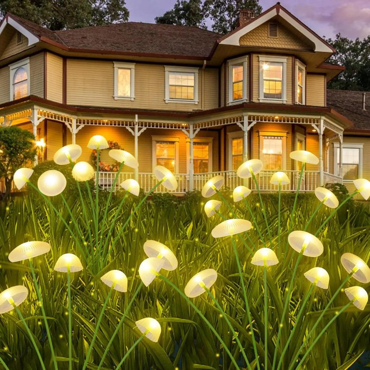 FanzyMarket solar mushroom garden lights in jellyfish style, waterproof LED pathway and patio decor, set of 4 for outdoor lighting.