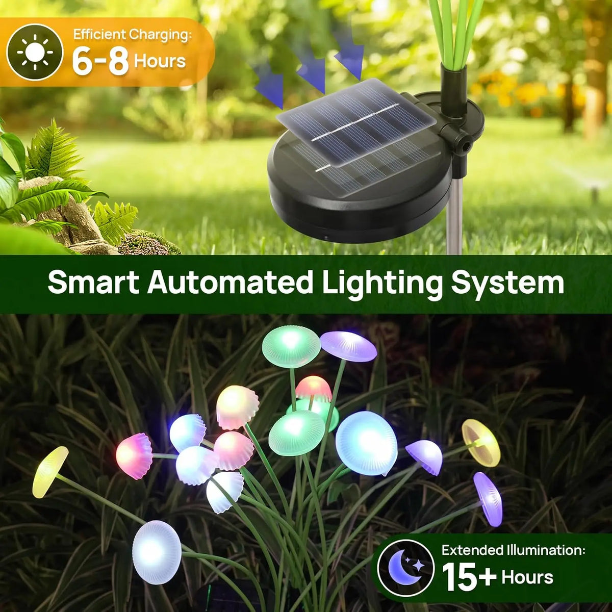FanzyMarket solar mushroom garden lights in jellyfish style, waterproof dual-mode LED pathway and patio decor for outdoor lighting.