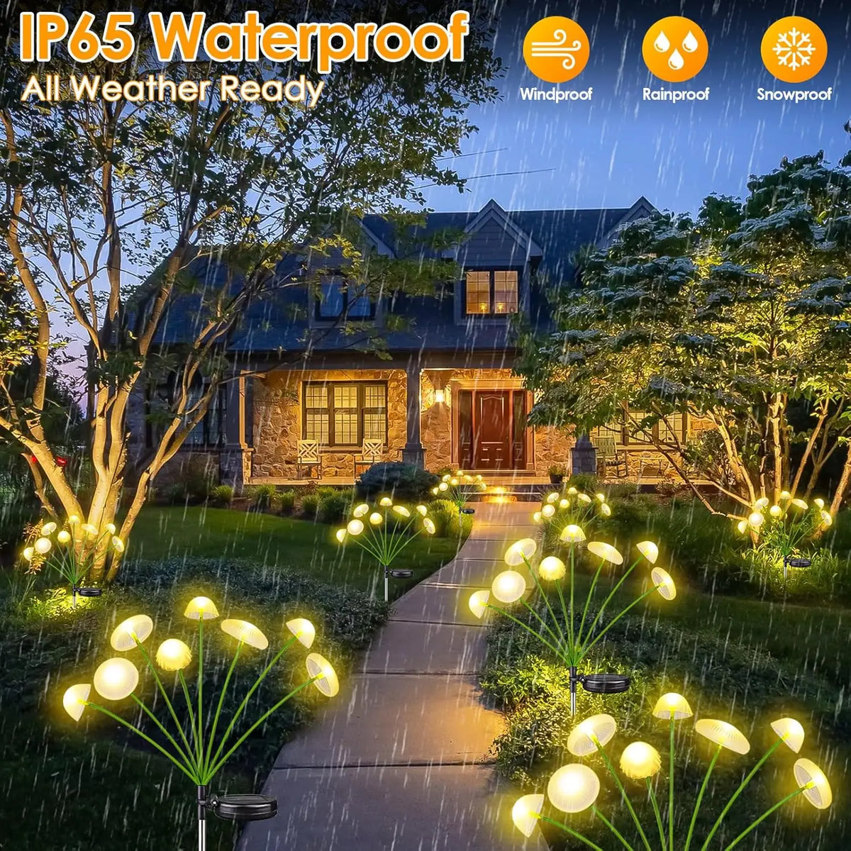 FanzyMarket solar mushroom garden lights in jellyfish style, waterproof dual-mode LED pathway and patio decor for outdoor lighting.