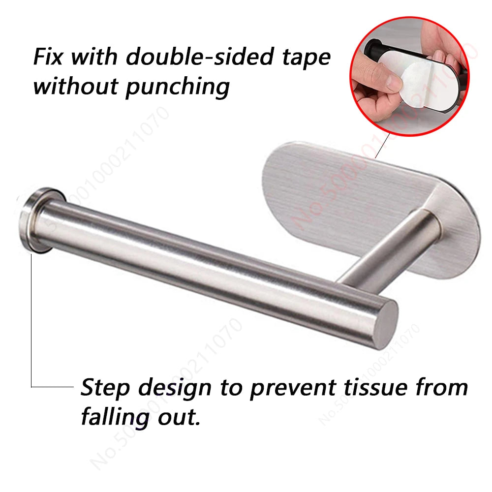 Two black stainless steel no-drill wall-mount toilet paper holders with adhesive backing for bathroom or kitchen use.