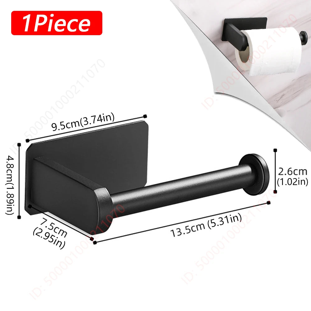 Two black stainless steel no-drill toilet paper holders with adhesive wall-mount for bathroom and kitchen use.
