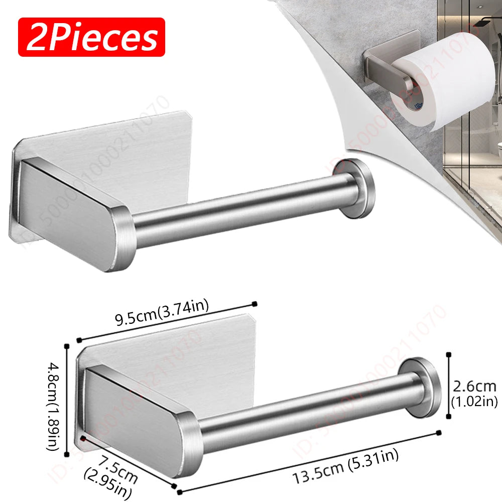 Two black stainless steel no-drill wall-mounted toilet paper holders with adhesive backing for bathroom and kitchen use.