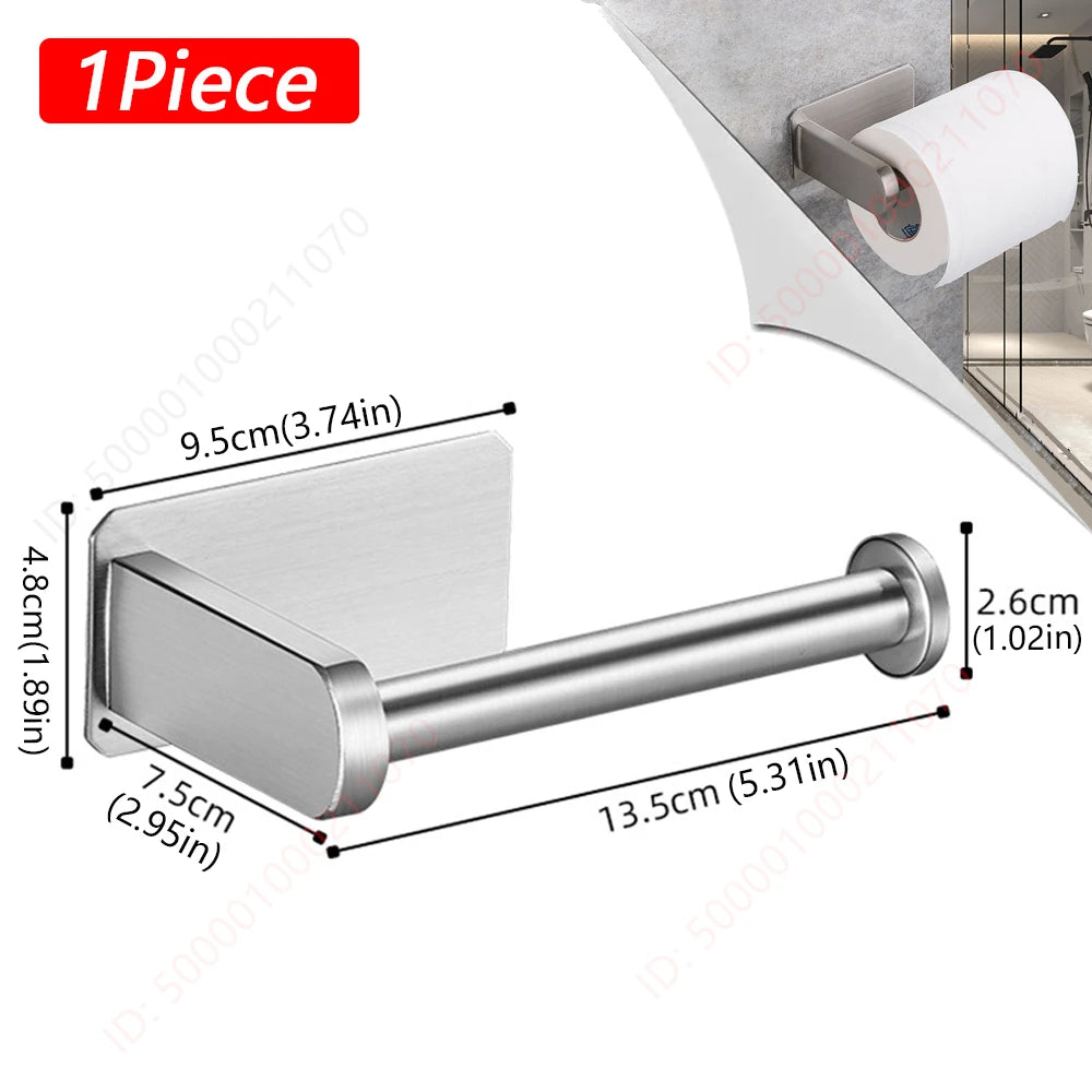 Two black stainless steel no-drill toilet paper holders with adhesive wall mounts for bathroom and kitchen use.