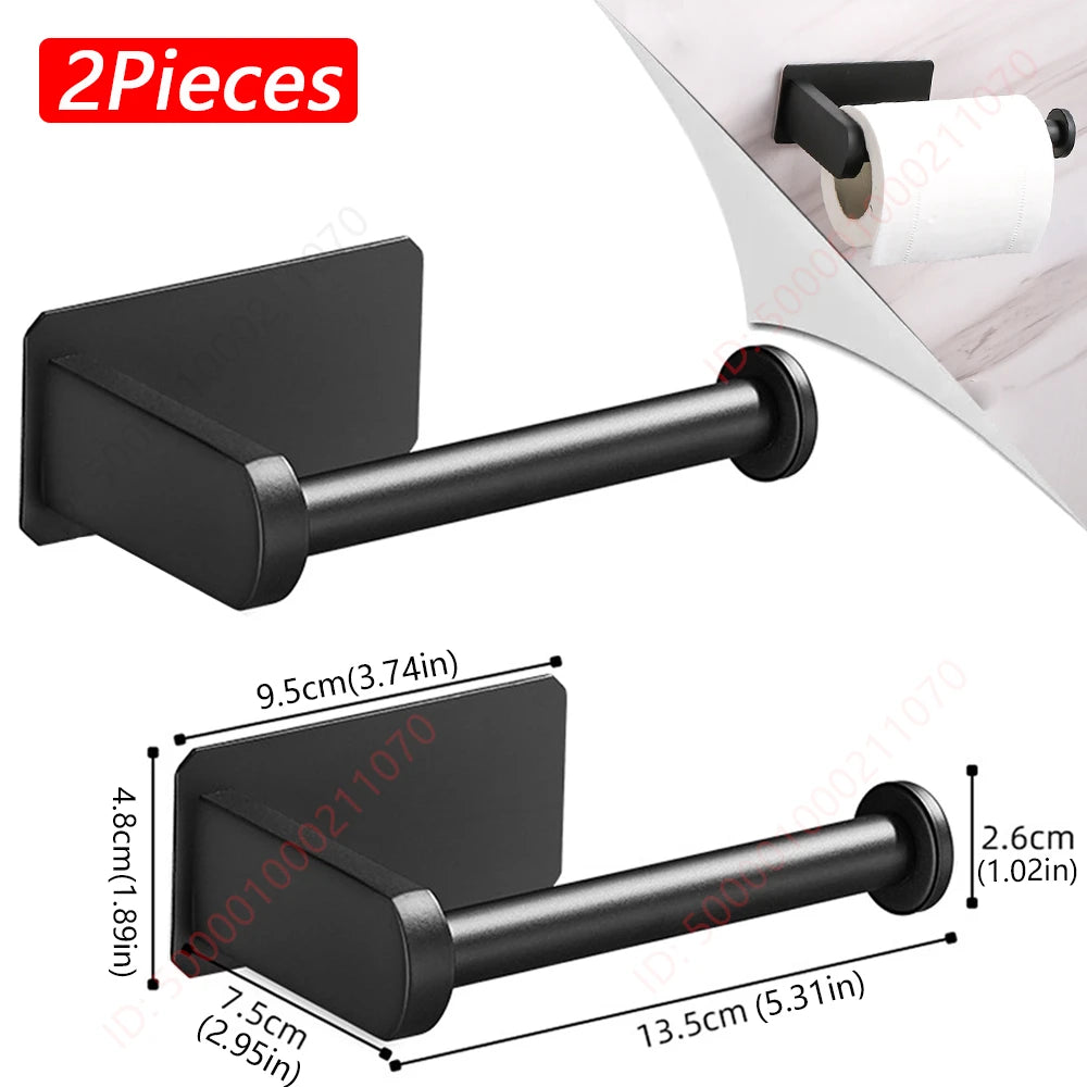 Two black stainless steel no-drill wall-mount toilet paper and paper towel holders for bathroom and kitchen use.