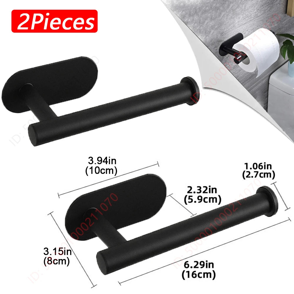 Two black stainless steel no-drill wall-mounted toilet paper holders and paper towel racks for bathroom and kitchen use.