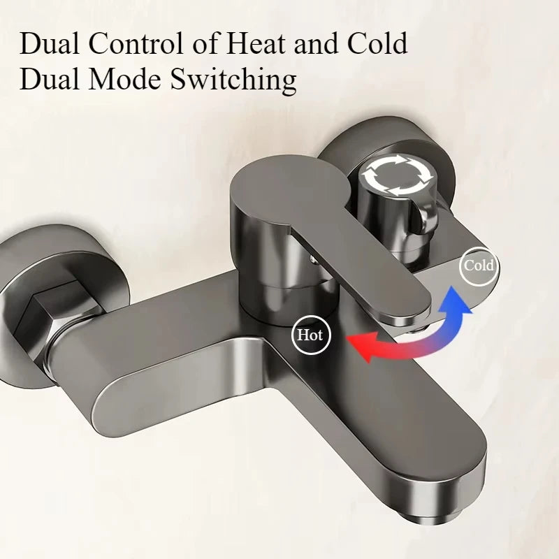 Chrome wall-mount bathtub mixer faucet with handheld 3-mode shower and 150 cm hose for bathroom plumbing.