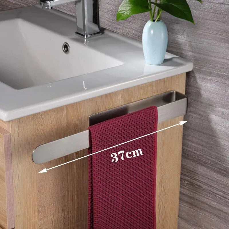 FanzyMarket stainless steel self-adhesive towel bar with single rod, 23 cm or 37 cm wall rack for bathroom storage.