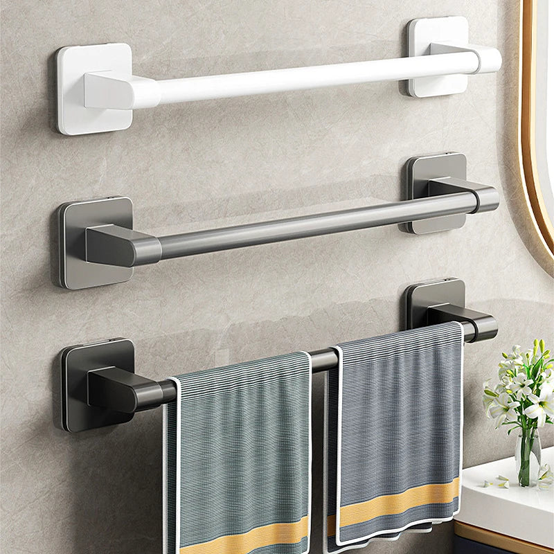 FanzyMarket self-adhesive double towel bar in gray and white, no-drill bathroom towel rack with two bars for drying towels.