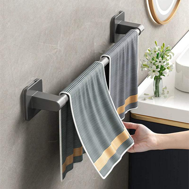 FanzyMarket gray self-adhesive double towel bar for bathroom, no-drill installation, white and gray finish, 40cm long.