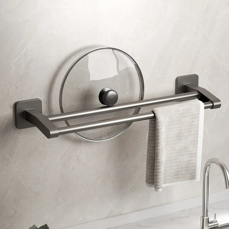 FanzyMarket self-adhesive double towel bar in gray and white, no-drill bathroom towel rack with two bars for convenient towel storage.