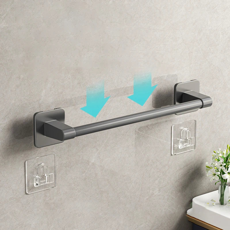 FanzyMarket double towel bar in gray and white, self-adhesive no-drill bathroom towel rack with two bars for drying towels.